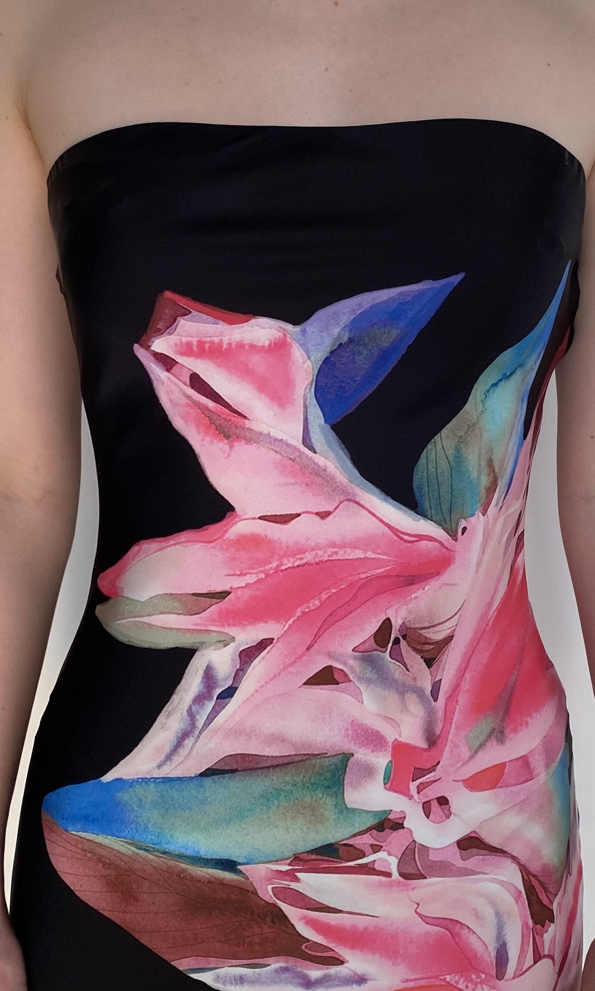 Womens | Hope Polyester Satin Lycra Strapless Maxi Dress | Black Multi