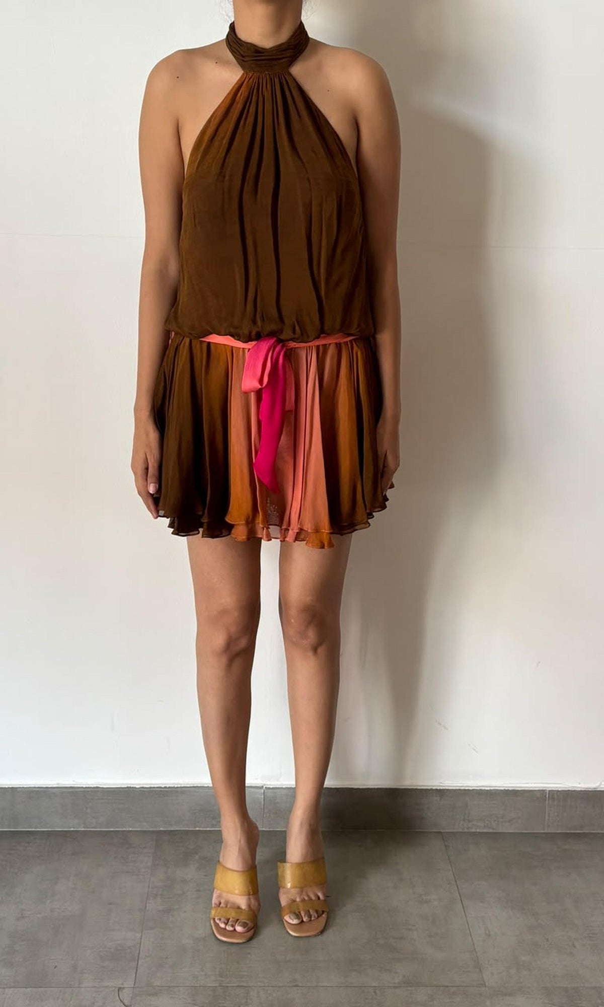 Womens | Inv Viscose Flat Chiffon Halter Neck Short Dress | Brown
