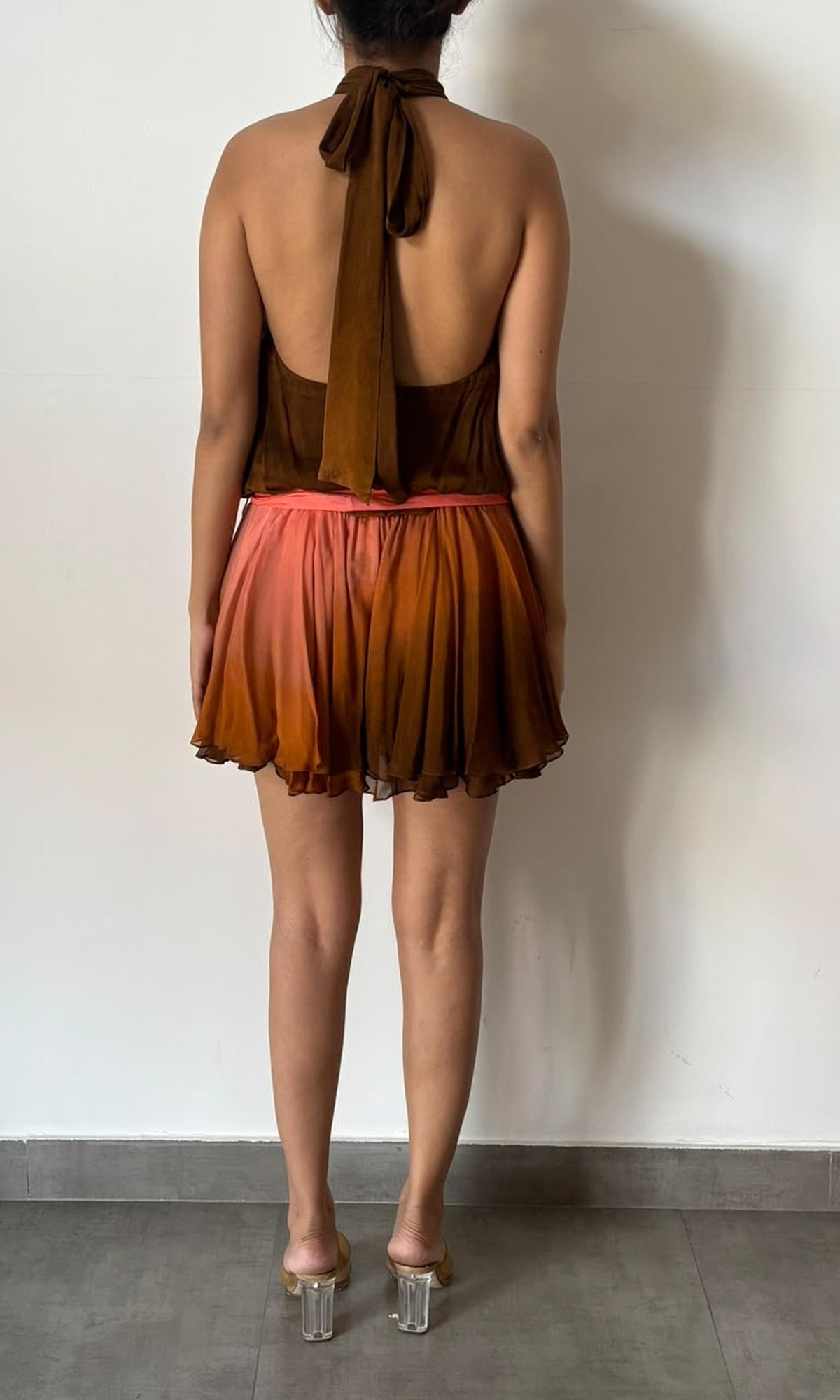 Womens | Inv Viscose Flat Chiffon Halter Neck Short Dress | Brown
