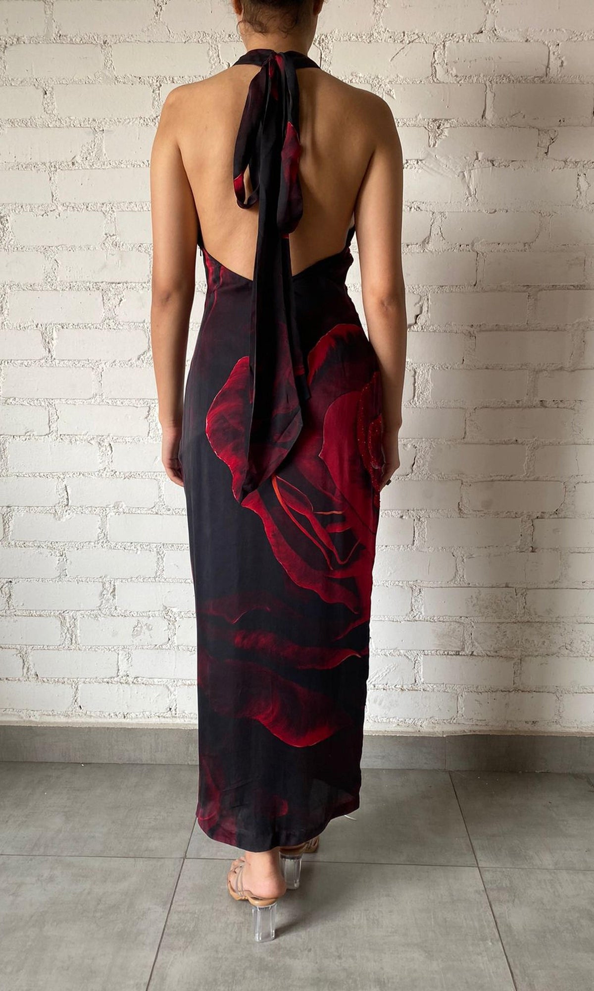 Womens | Inv Polyester Satin Long Dress | Black&Red