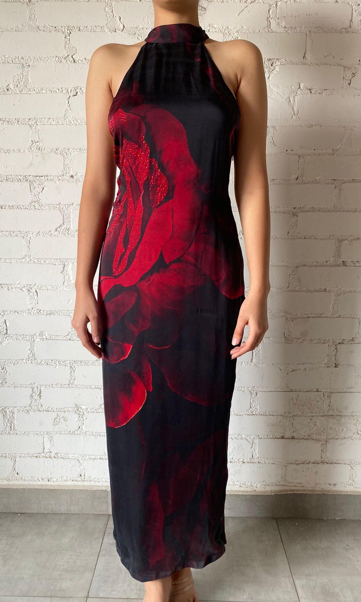 Womens | Inv Polyester Satin Long Dress | Black&Red