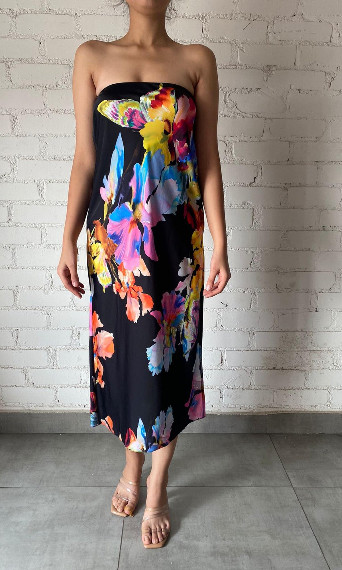 Womens | Inv Polyester Satin Midi Dress | Black Multi