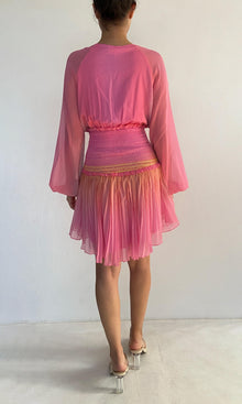 Womens | Inv Viscose Crinkle Deep Chiffon V-Neck Short Dress | Pink