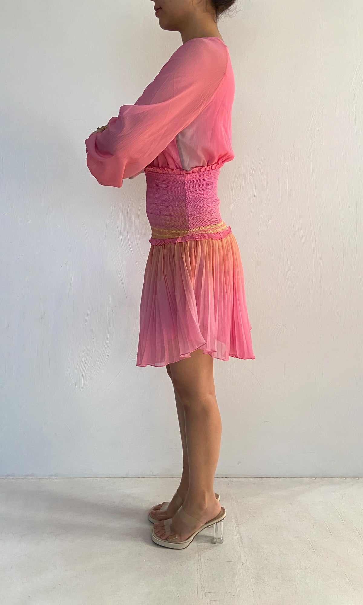 Womens | Inv Viscose Crinkle Deep Chiffon V-Neck Short Dress | Pink