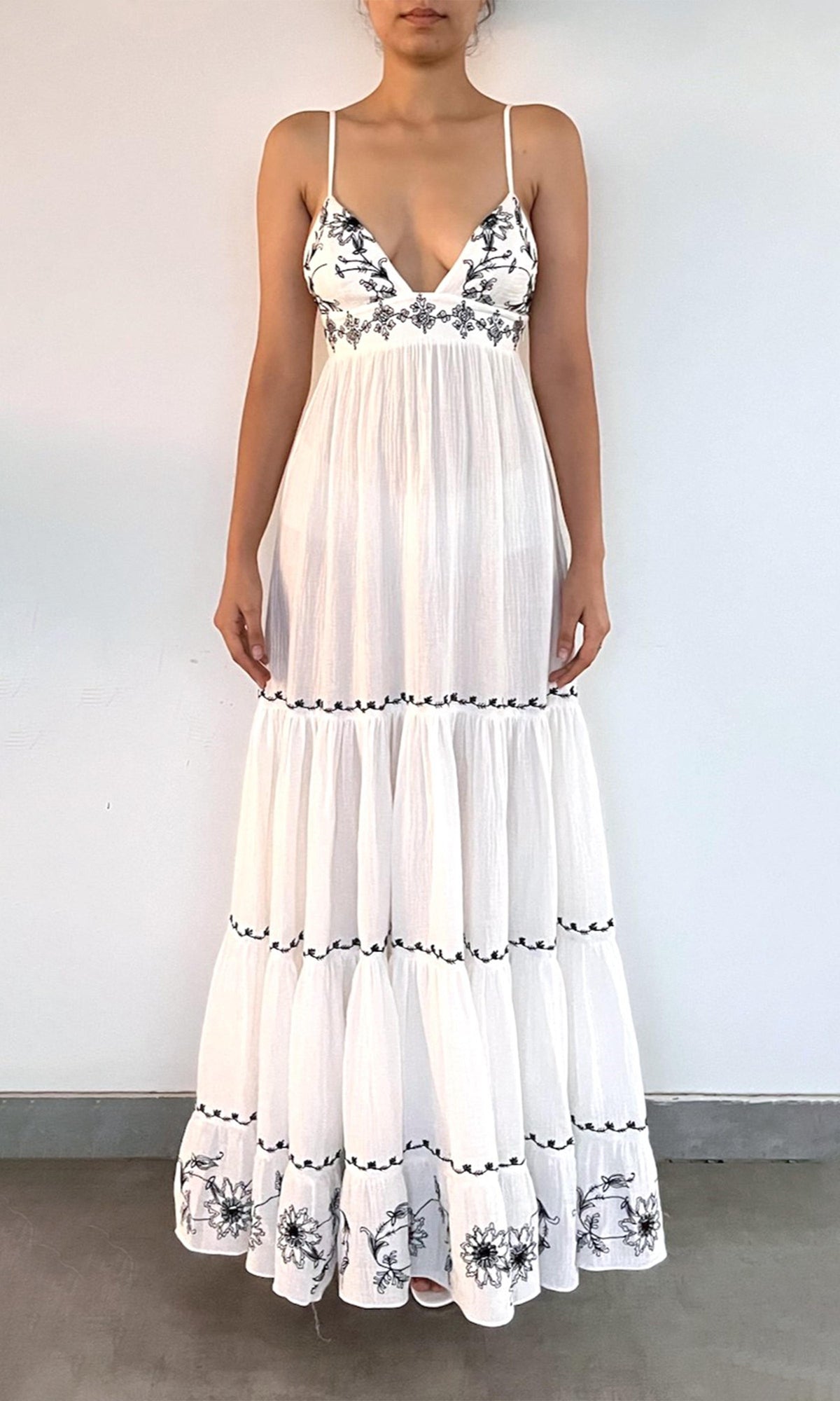 Womens | Jaci Cotton Double Cloth Gauze Tiered Embroidered Maxi Dress | Black/White