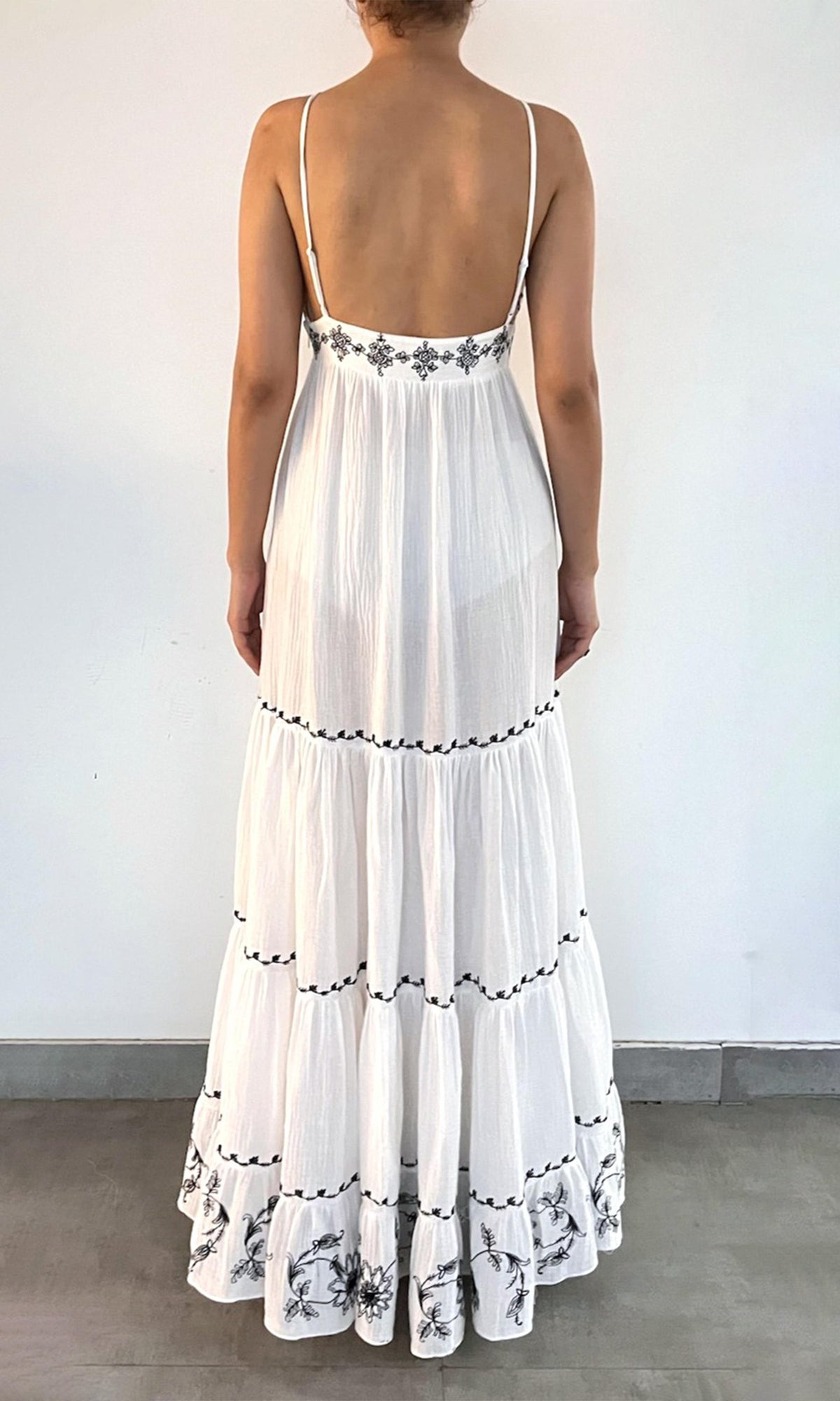 Womens | Jaci Cotton Double Cloth Gauze Tiered Embroidered Maxi Dress | Black/White