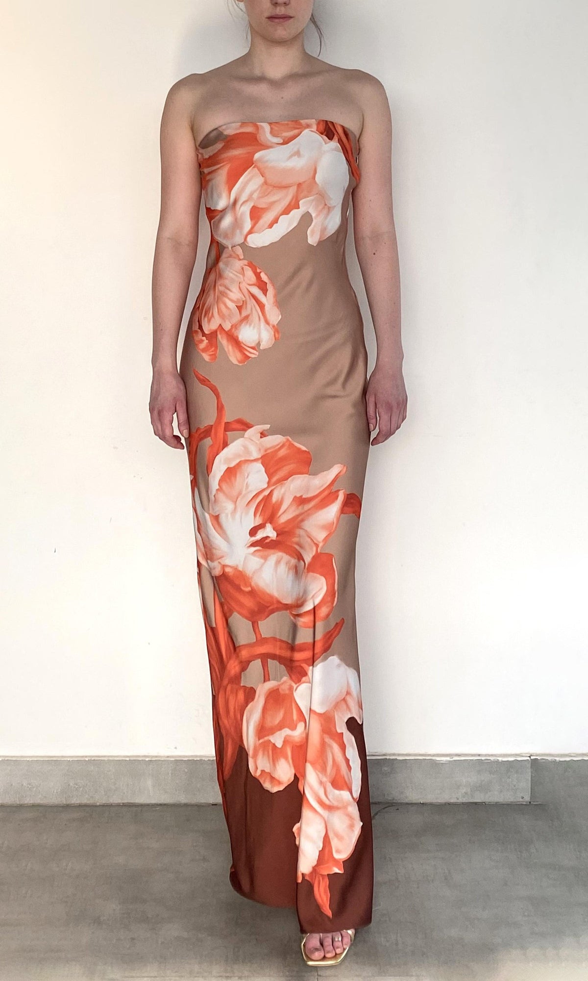 Womens | Jesse Polyester Satin Lycra Strapless Maxi Dress | Beige