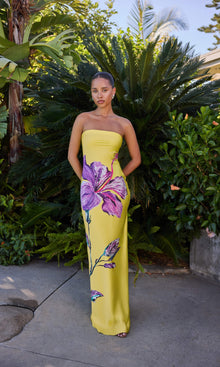 Womens | Juri Polyester Satin Lycra Strapless Maxi Dress | Yellow Purple
