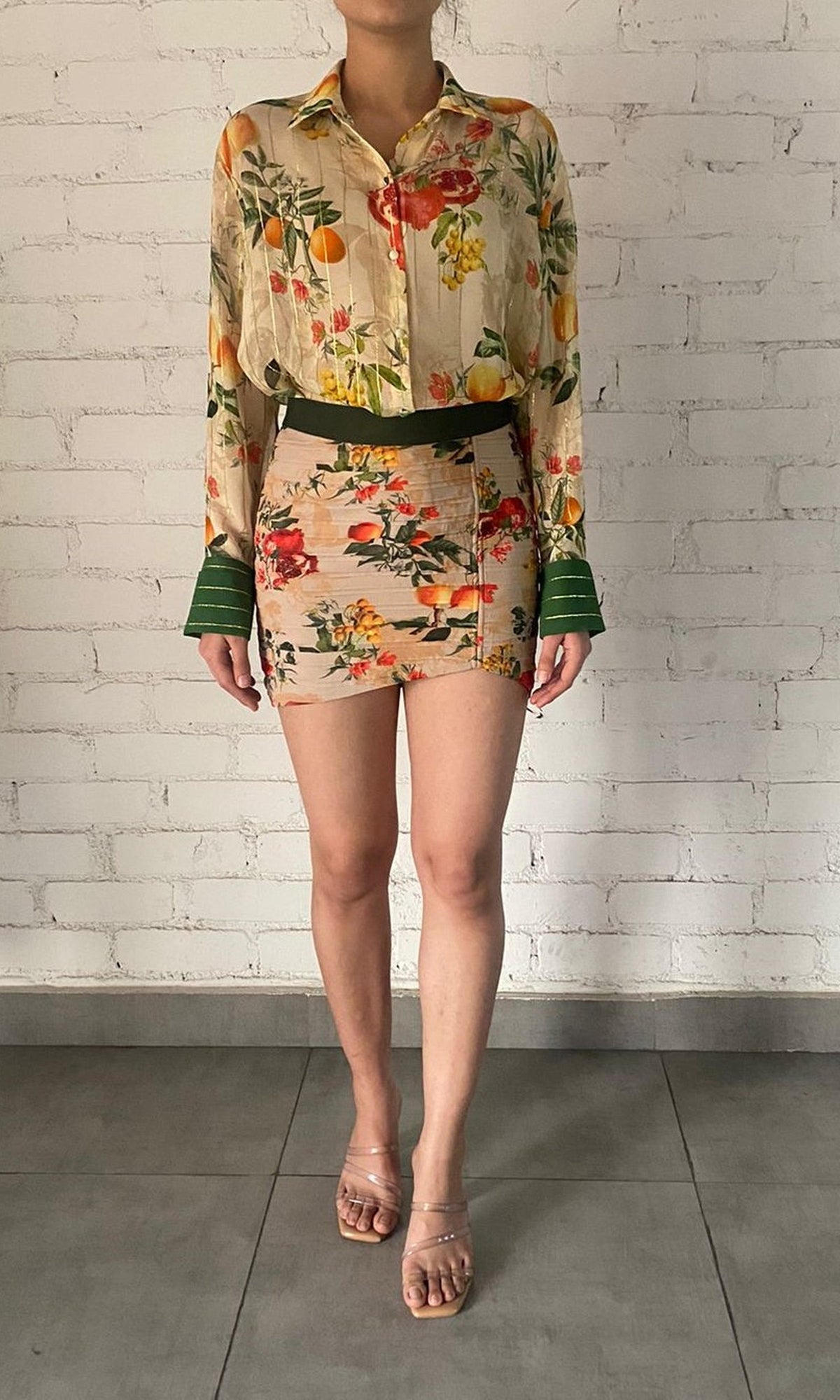 Womens | Katy Polyester Georgette Short Skirt | Beige/Green Floral