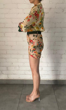 Womens | Katy Polyester Georgette Short Skirt | Beige/Green Floral