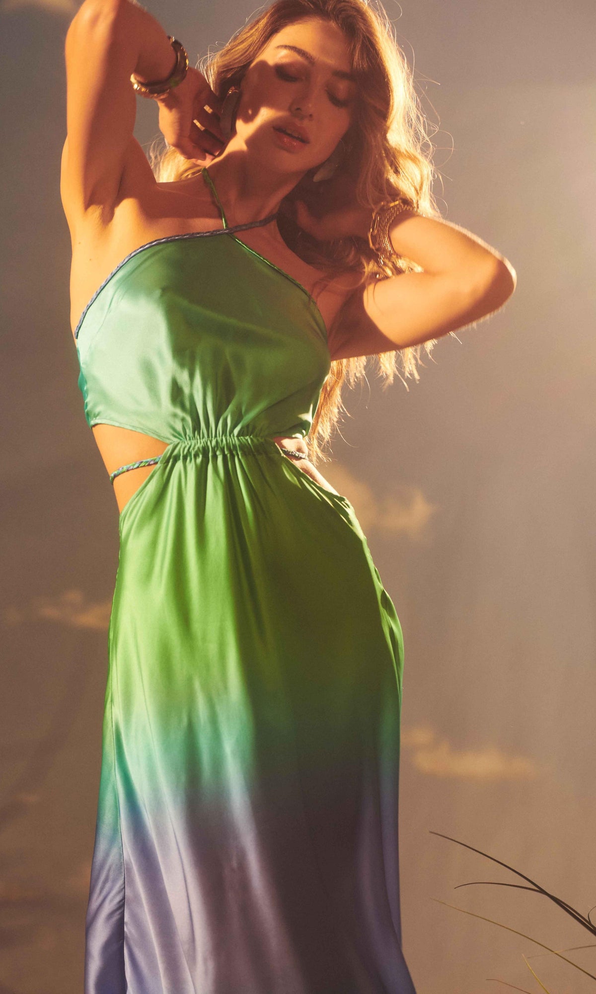 Womens | Kiki Polyester Satin Long Dress | Blue Ombre