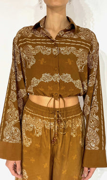 Womens | Kira Viscose Heavy Crepe Crop Shirt With Drawstring | Brown