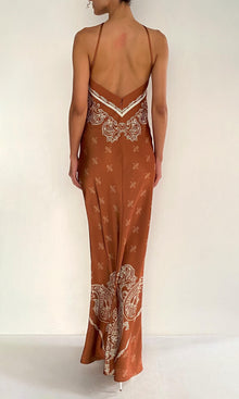 Womens | Kira Polyester Double Satin Bias Halter Maxi Dress | Brown