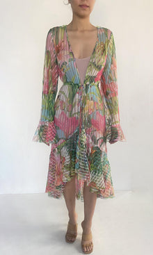 Womens | Lora Polyester Mesh Cape With Belt | Multicolor Hibiscus