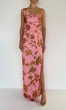 Womens | Mae Polyester Satin Lycra One Shoulder Ruched Maxi Dress | Peach