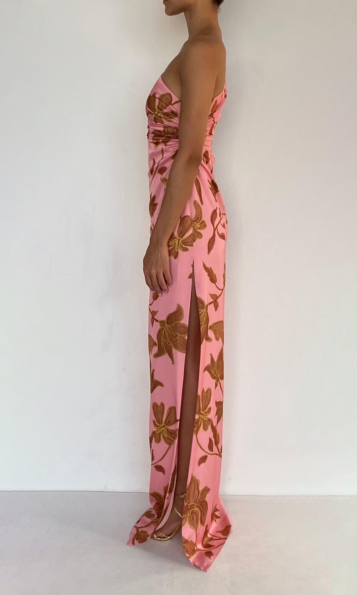 Womens | Mae Polyester Satin Lycra One Shoulder Ruched Maxi Dress | Peach