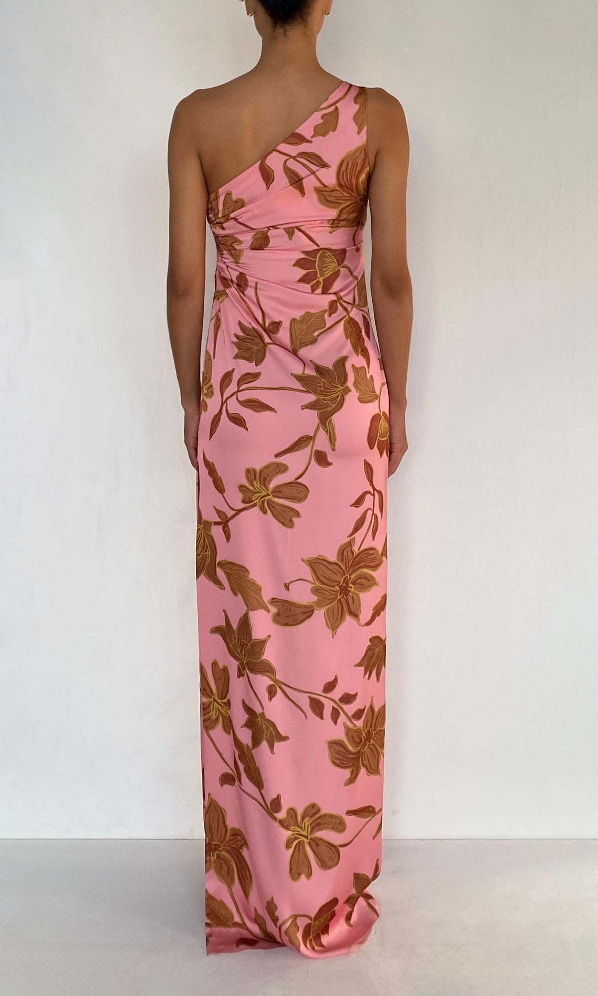 Womens | Mae Polyester Satin Lycra One Shoulder Ruched Maxi Dress | Peach