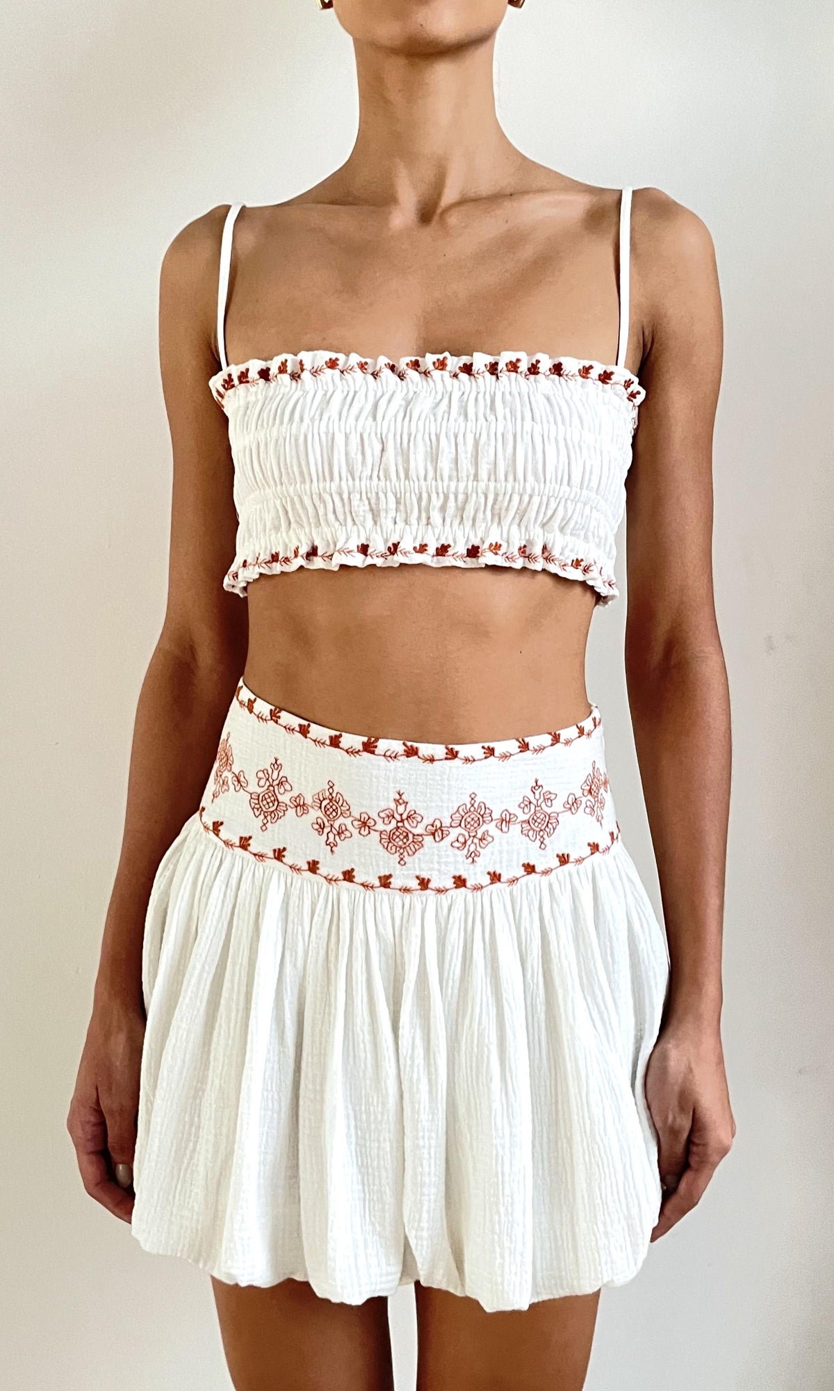 Womens | Myril Cotton Double Cloth Gauze Embroidered Bubble Hem Mini Skirt | White Terracotta