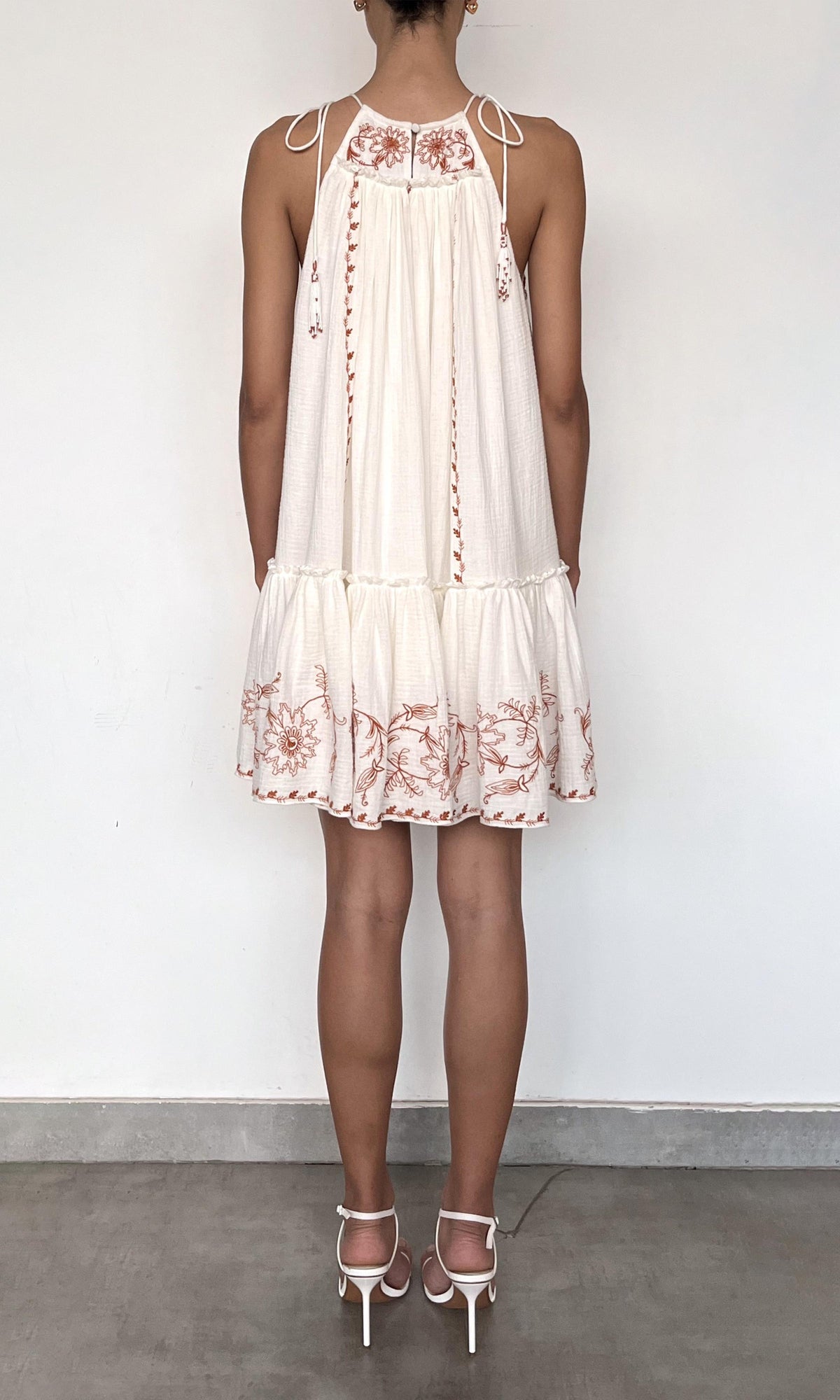 Womens | Myril Cotton Double Cloth Gauze Embroidered Tier Mini Dress | White Terracotta