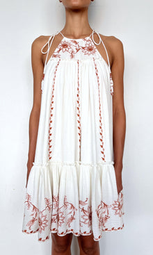 Womens | Myril Cotton Double Cloth Gauze Embroidered Tier Mini Dress | White Terracotta
