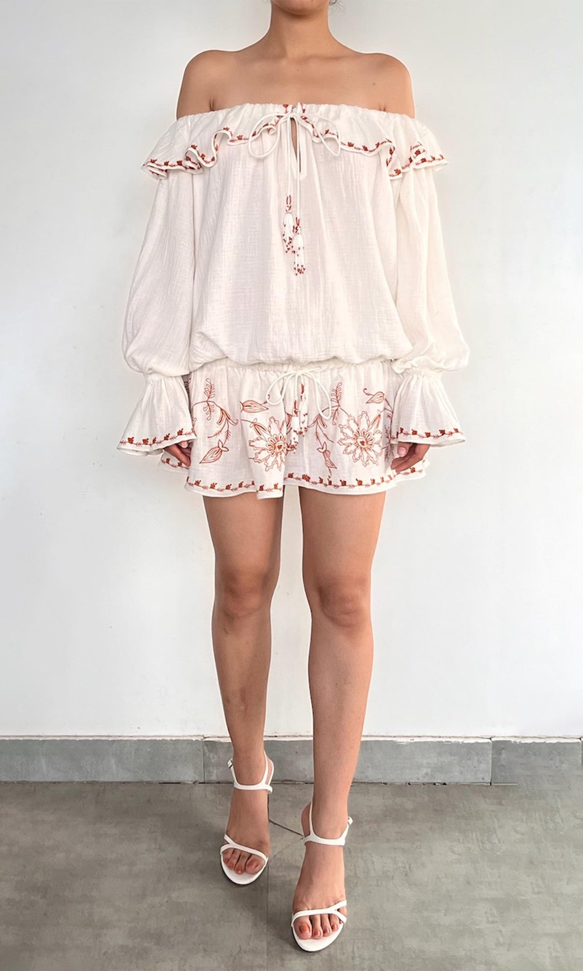 Womens | Myril Cotton Double Cloth Gauze Embroidered Off Shoulder Mini Dress | White Terracotta