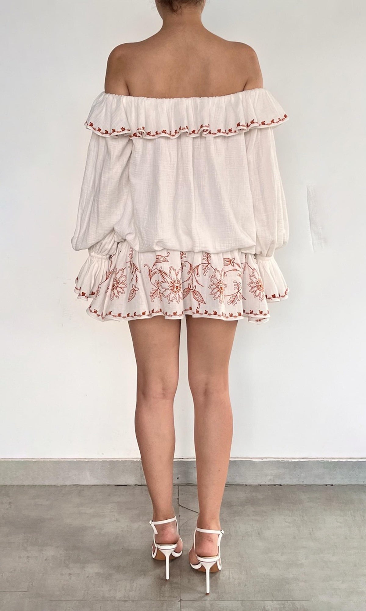 Womens | Myril Cotton Double Cloth Gauze Embroidered Off Shoulder Mini Dress | White Terracotta