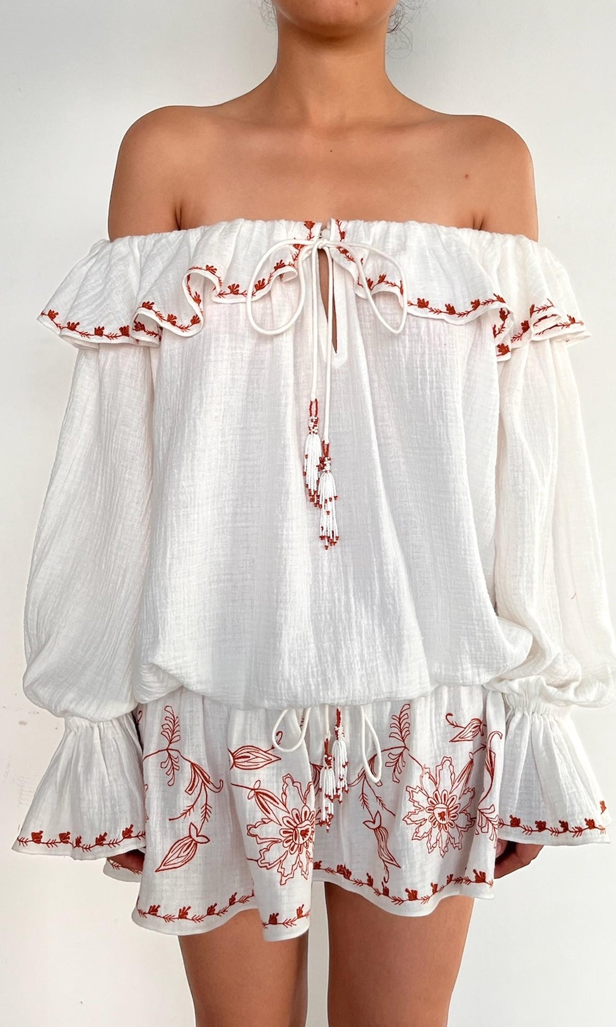 Womens | Myril Cotton Double Cloth Gauze Embroidered Off Shoulder Mini Dress | White Terracotta