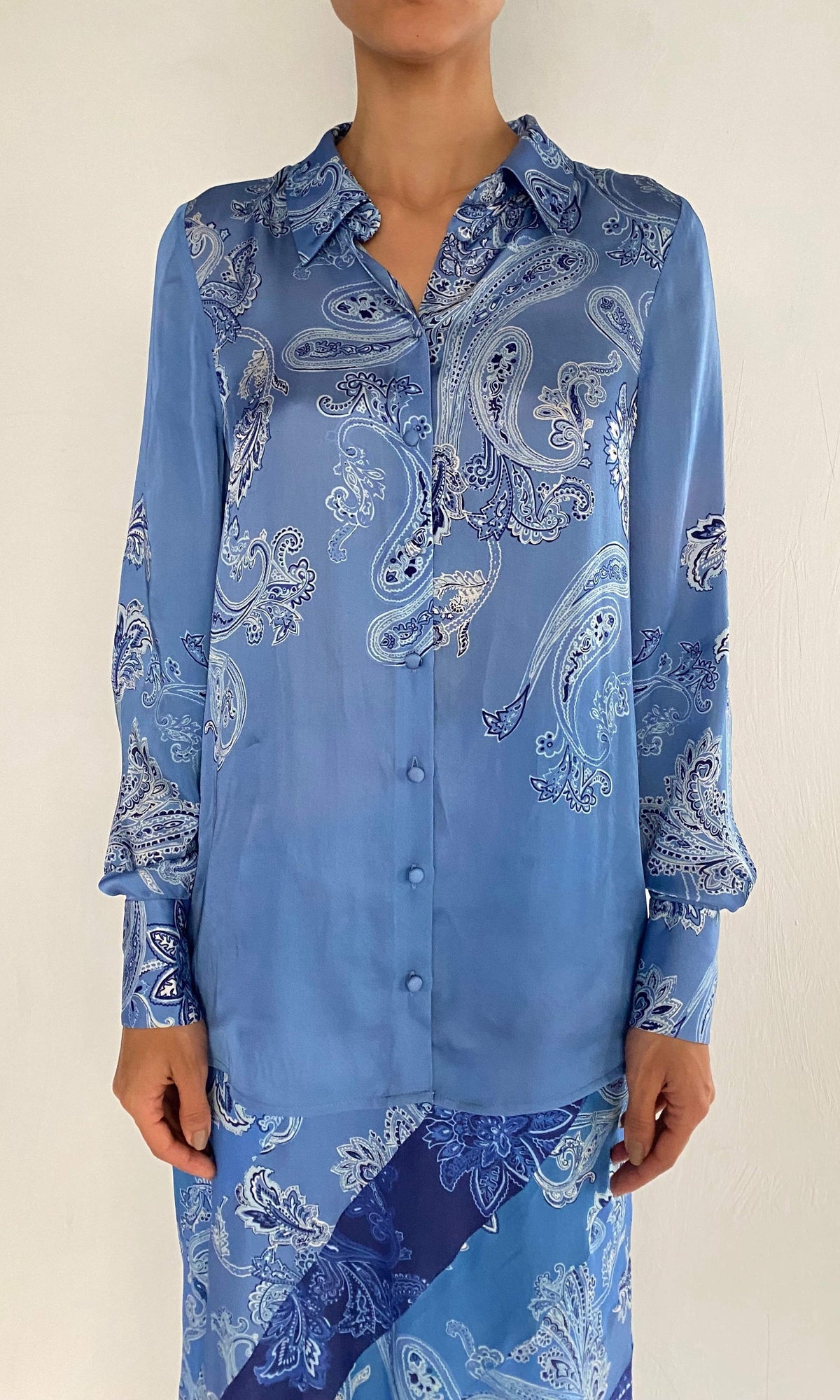 Womens | Navy Bemberg Cupro Satin Button Up Shirt | Light Blue