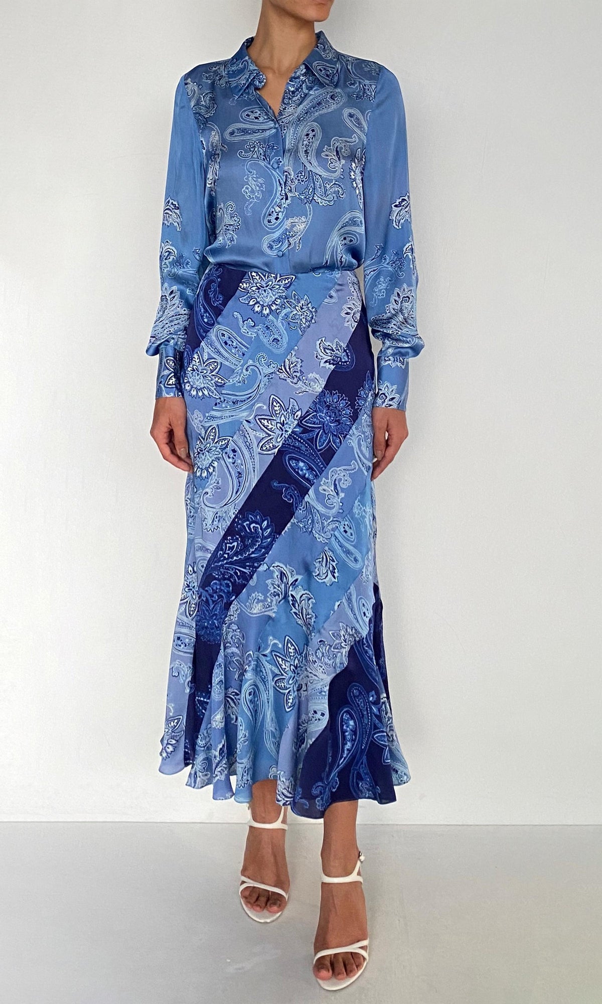 Womens | Navy Bemberg Cupro Satin Diagonal Panelled Midi Skirt | Navy