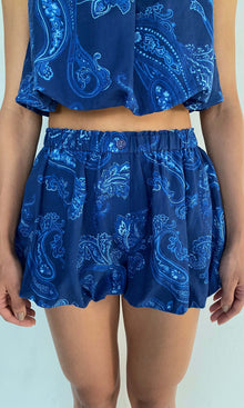 Womens | Navy Linen Cotton Bubble Bloomer Elasticated Shorts | Navy Blue