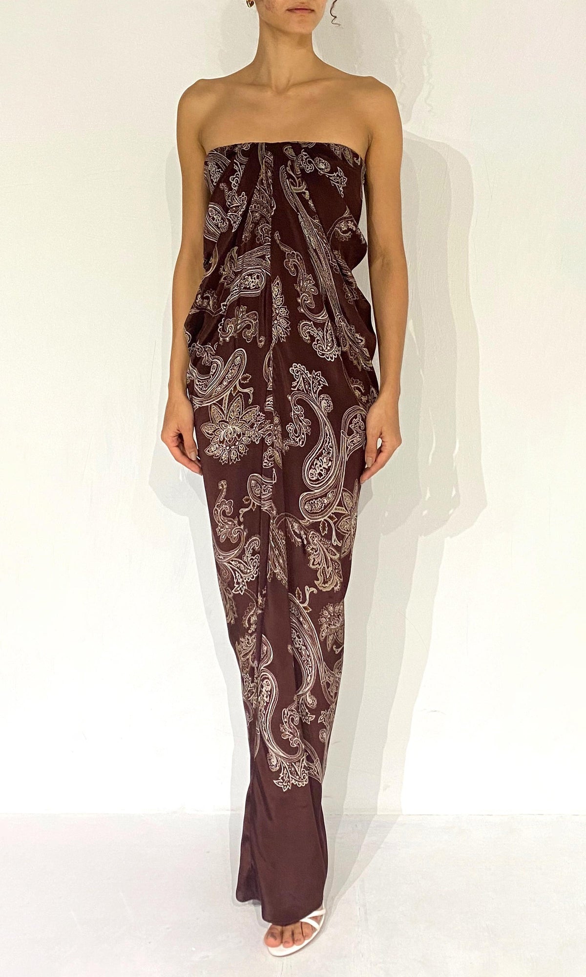 Womens | Orla Viscose Natural Crepe Off Shoulder Maxi Dress | Brown Beige