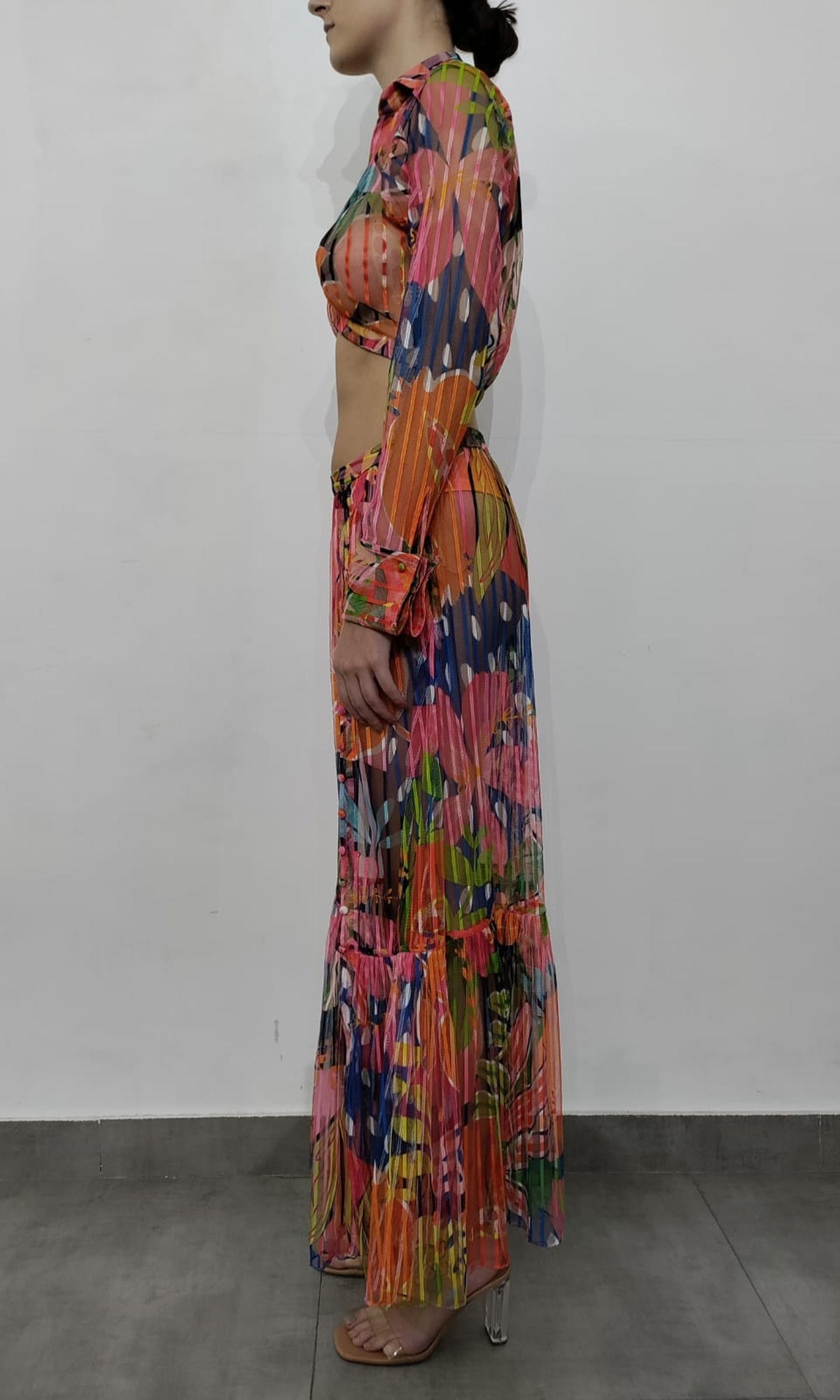 Womens | Plum Polyester Stripe Net Long Skirt | Multi