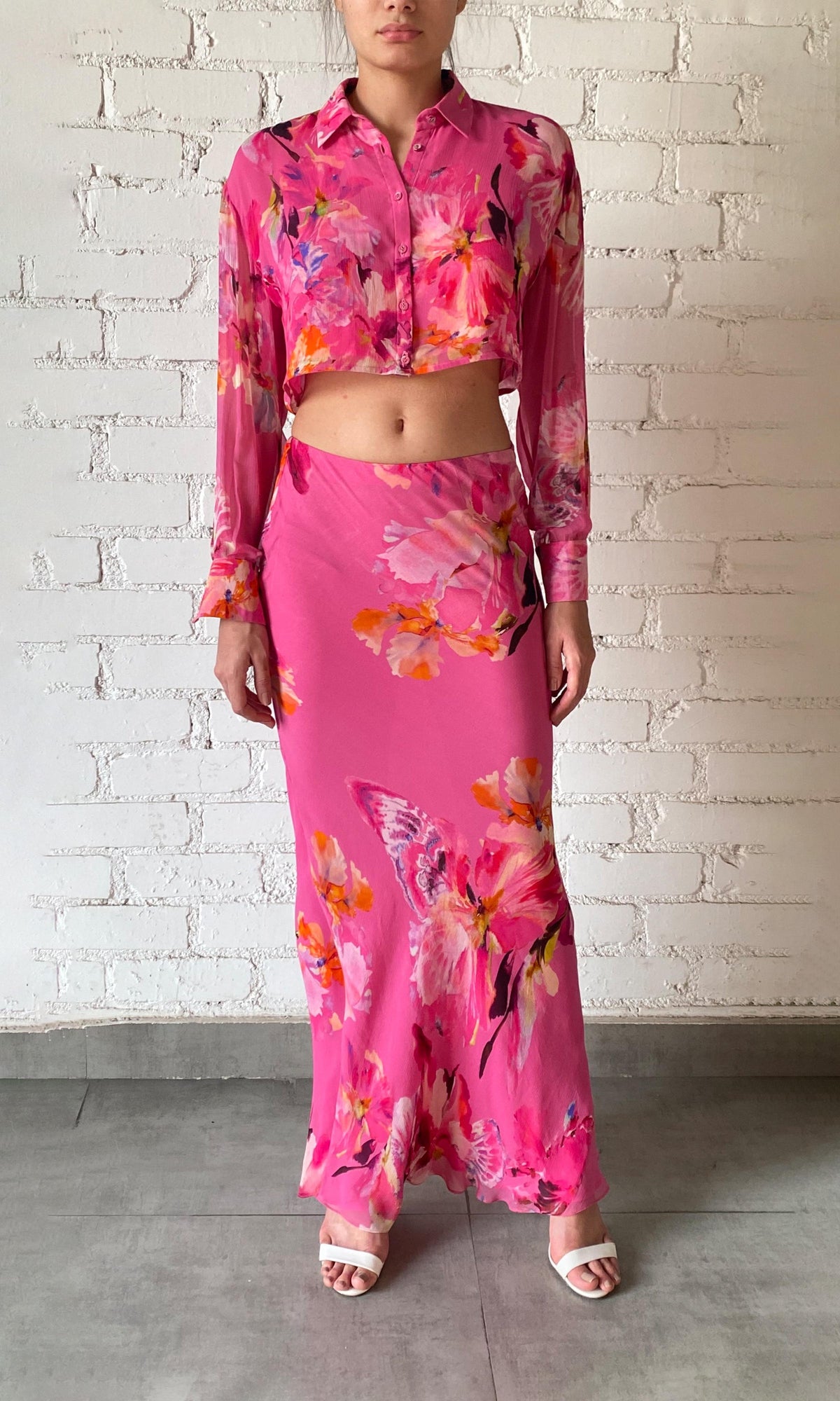 Womens | Quin Viscose Crinkle Chiffon Long Skirt | Pink