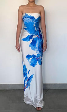 Womens | Quin Polyester Satin Lycra Maxi Strapless Dress | Blue/White