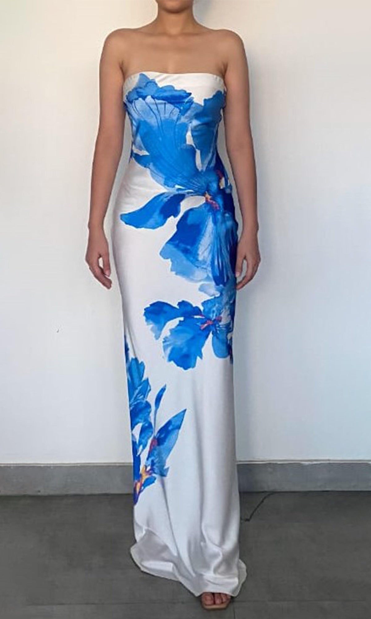 Womens | Quin Polyester Satin Lycra Maxi Strapless Dress | Blue/White