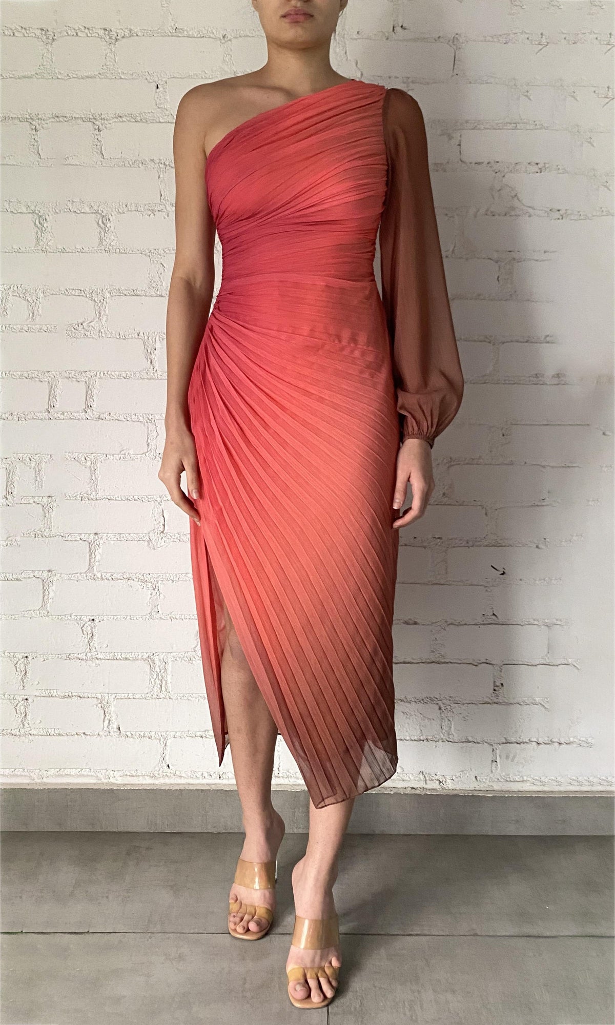 Womens | Rae Polyester Chiffon Long Dress | Orange Brown Ombre