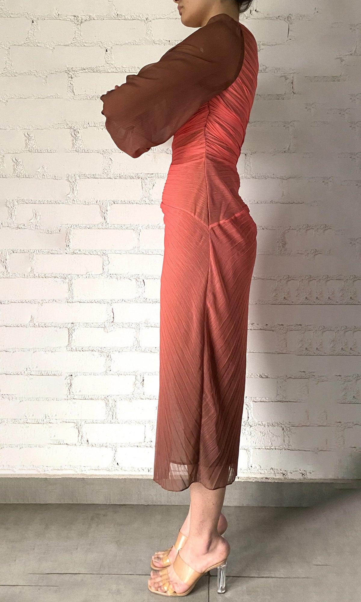 Womens | Rae Polyester Chiffon Long Dress | Orange Brown Ombre
