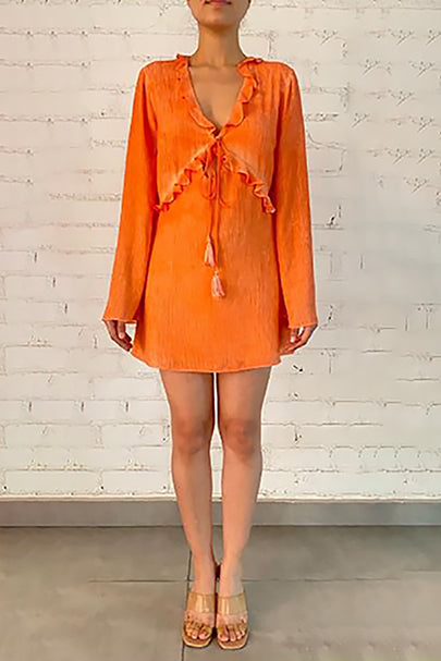 River Ruffled V-Neck Long Sleeve Short Dress | Orange
