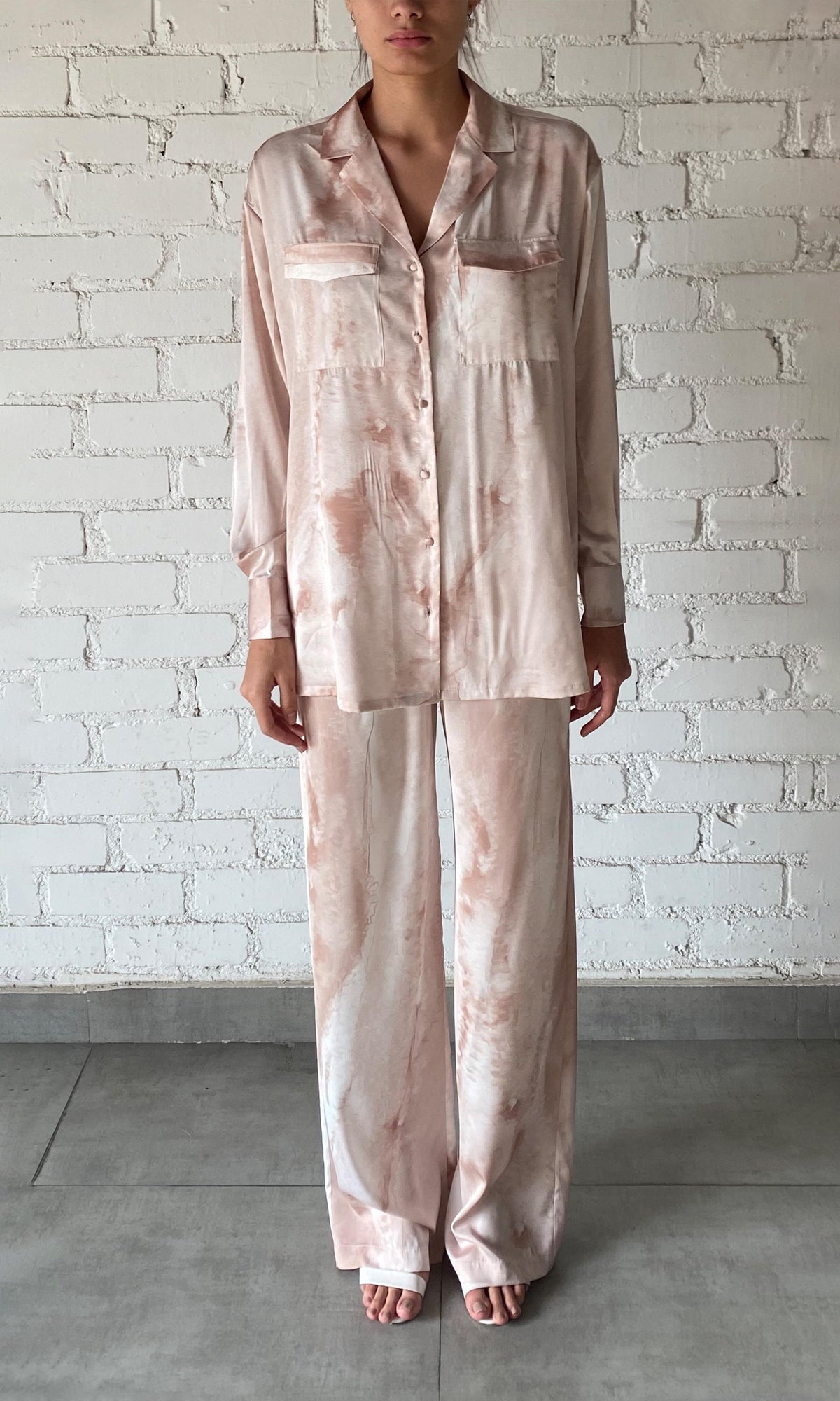 Womens | Ryan Polyester Satin Lycra Tie-Dye Trouser | Light Brown