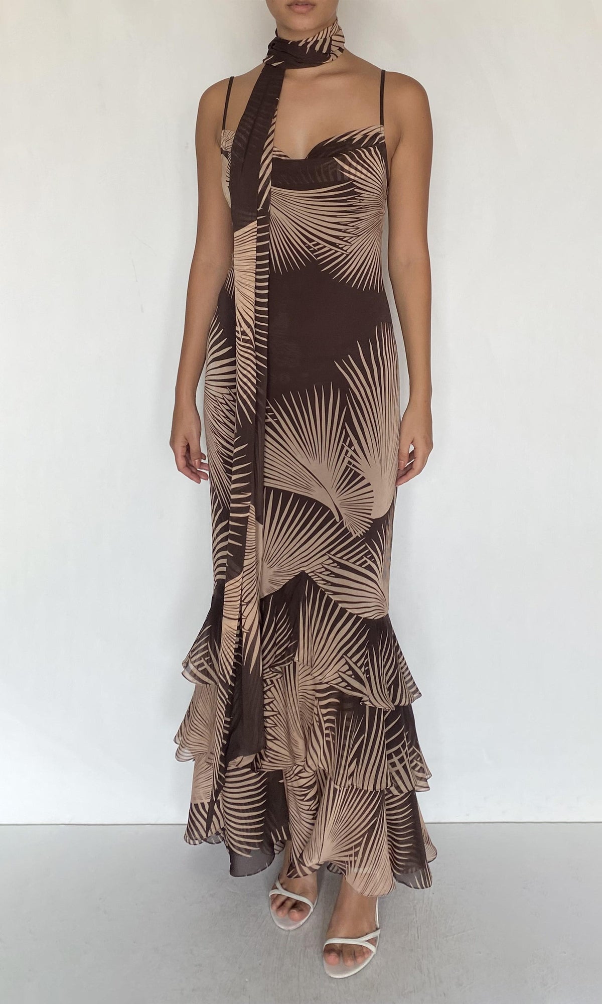Womens | Taro Viscose Flat Chiffon Cowl Maxi Dress With Sash | Brown