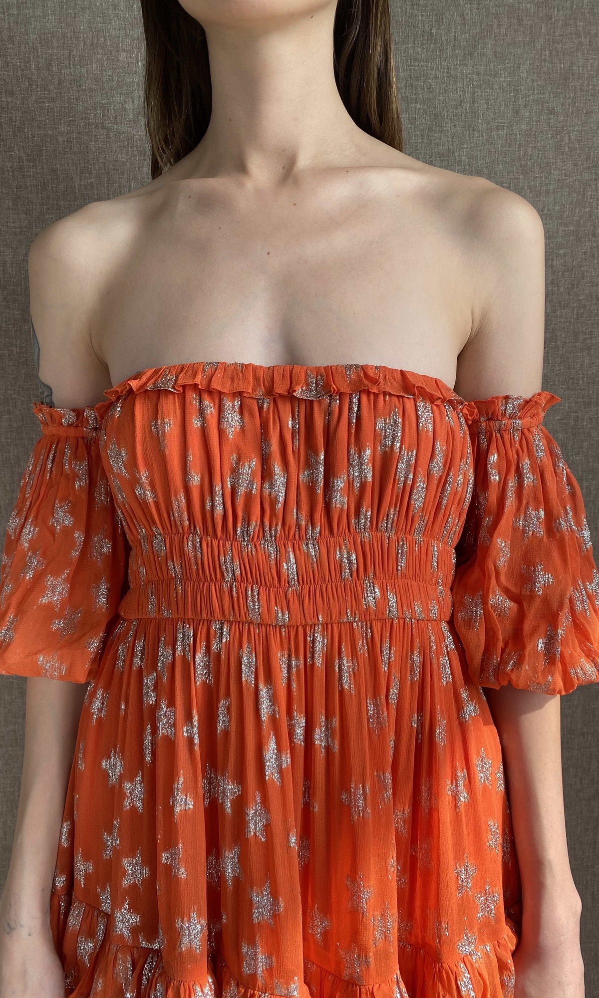 Womens | Vega Viscose Georgette Star Lurex Long Dress | Orange