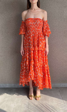 Womens | Vega Viscose Georgette Star Lurex Long Dress | Orange