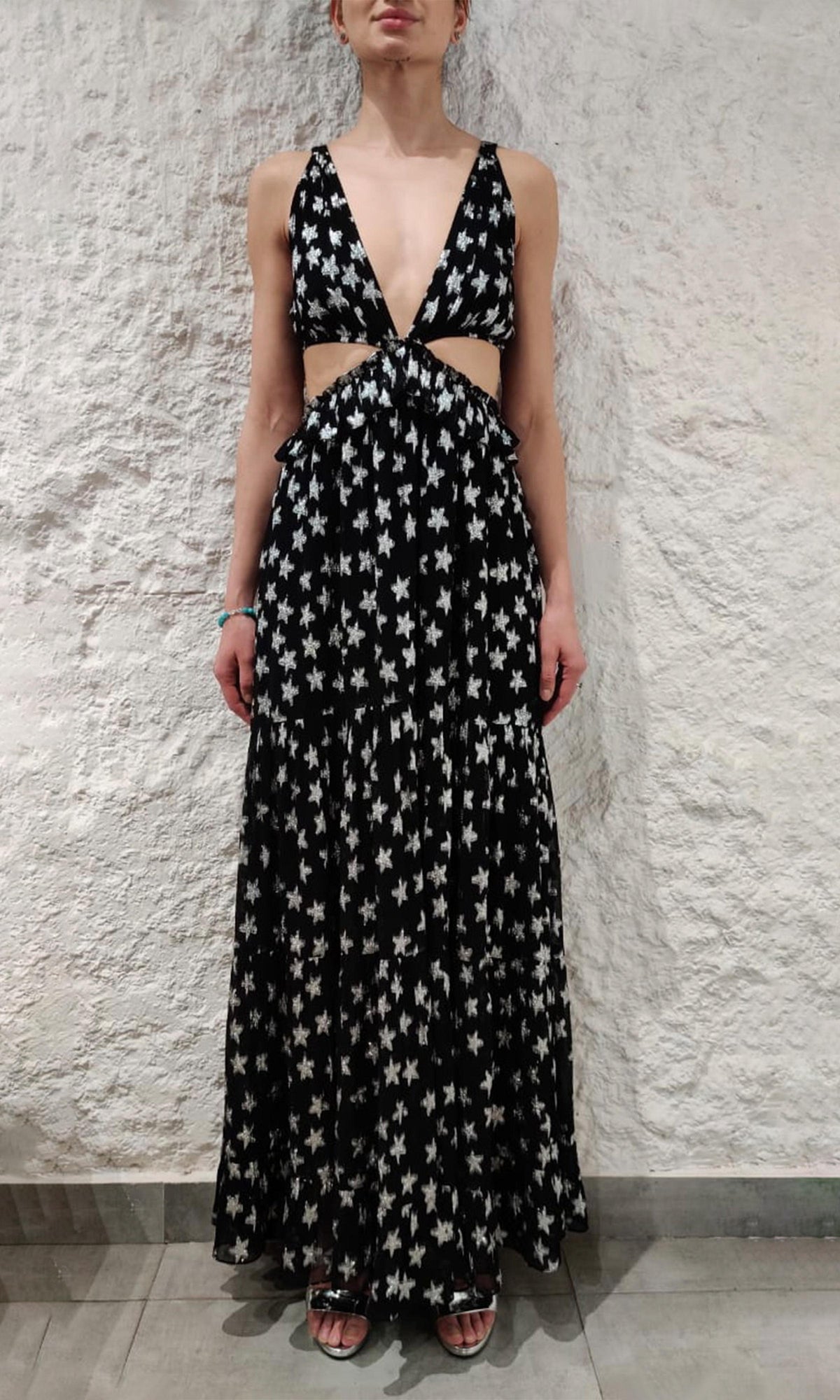 Womens | Vega Silver Star Lurex Georgette Long Dress | Black