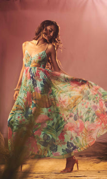 Womens | Zazu Chiffon Long Dress | Motley Tropical On Mint Green