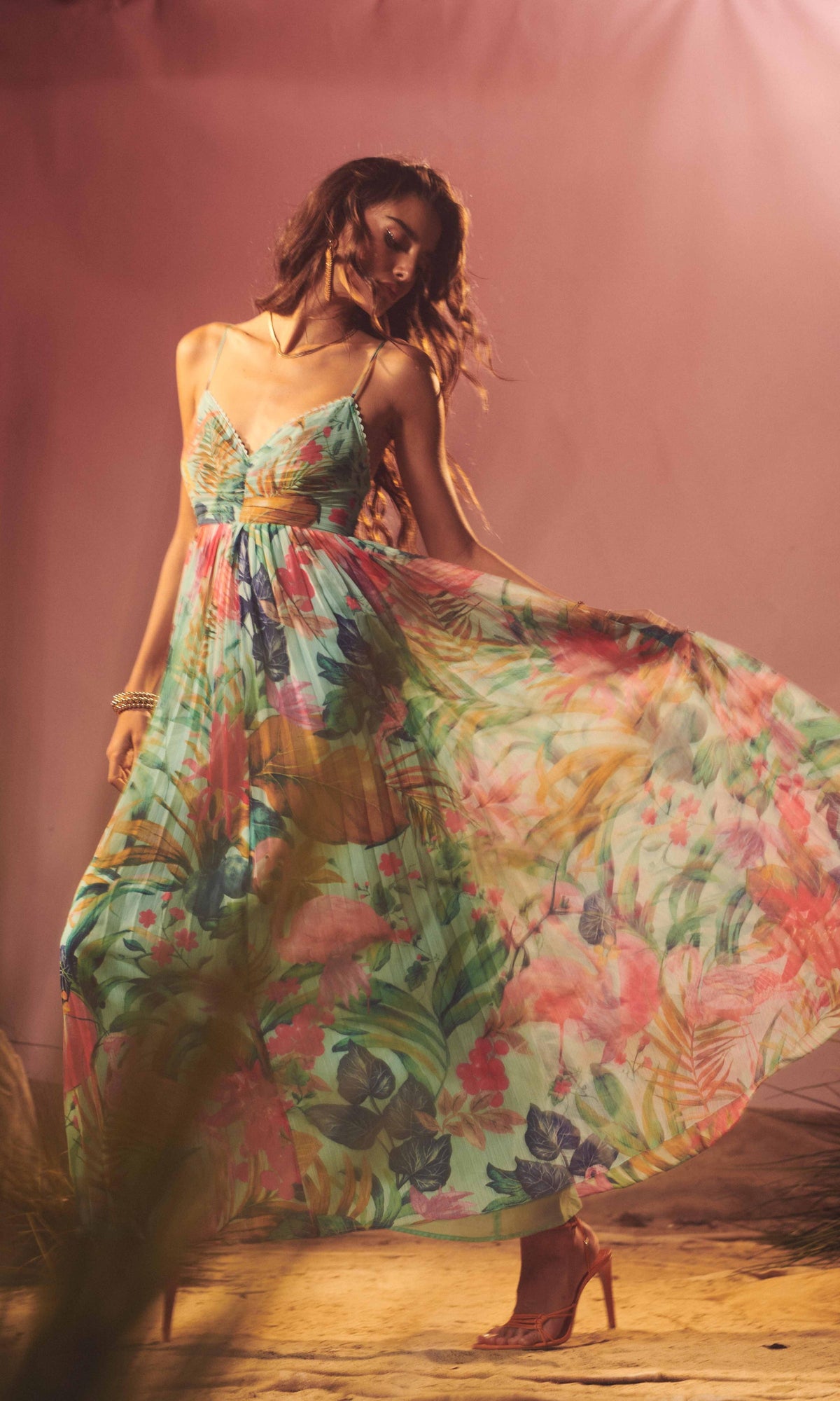 Womens | Zazu Chiffon Long Dress | Motley Tropical On Mint Green