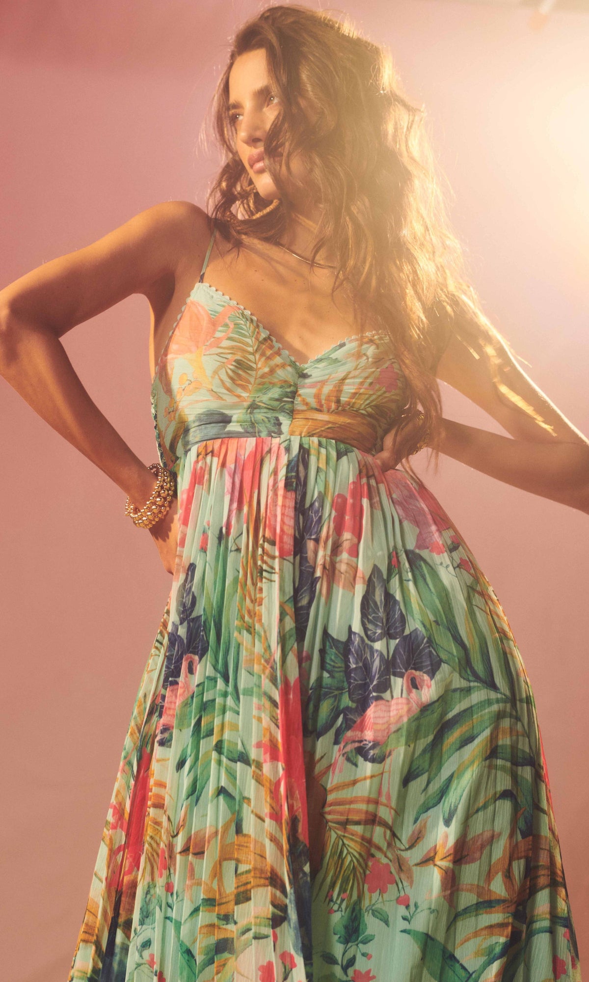 Womens | Zazu Chiffon Long Dress | Motley Tropical On Mint Green