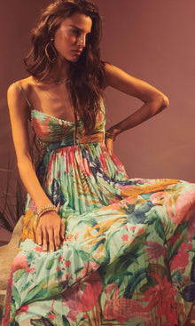 Womens | Zazu Chiffon Long Dress | Motley Tropical On Mint Green
