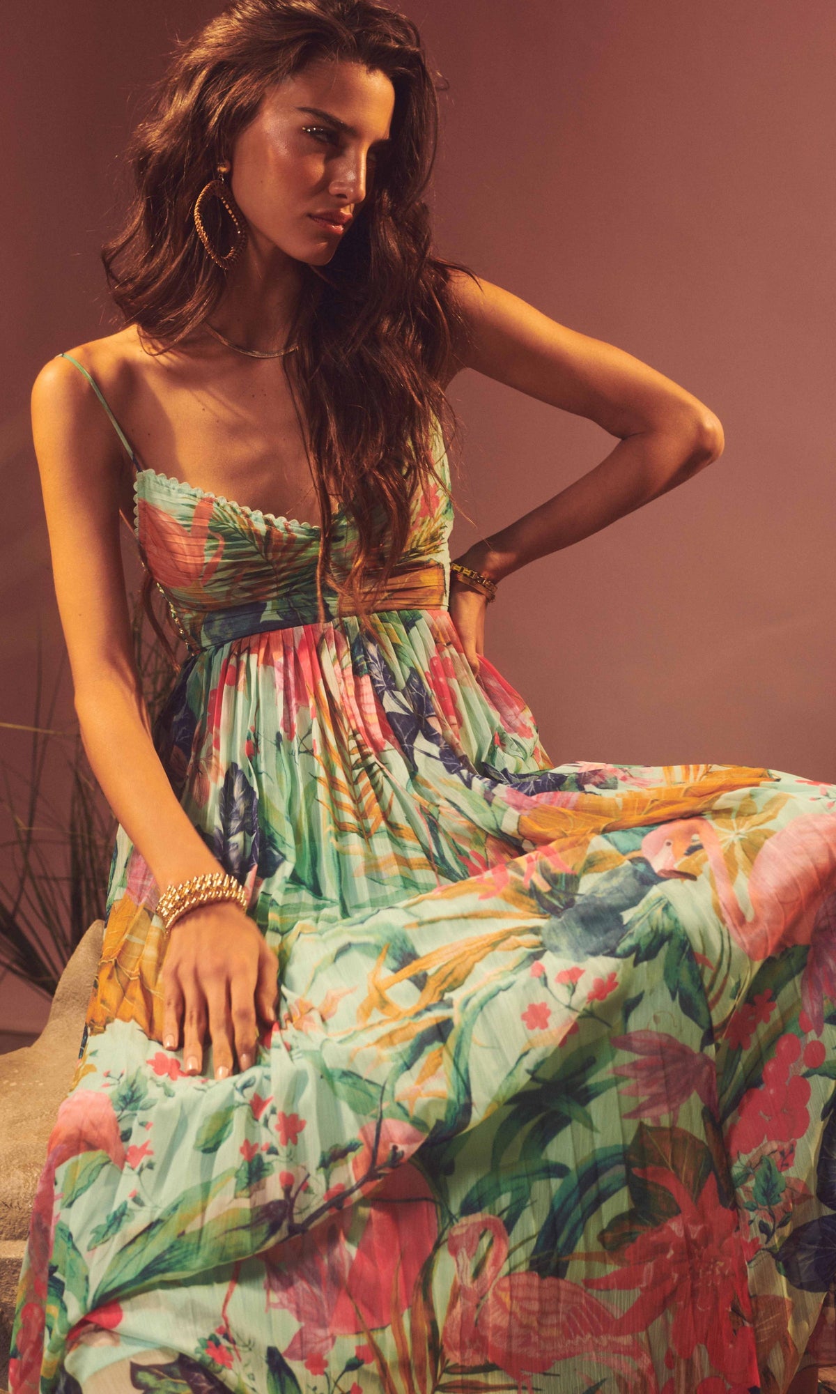 Womens | Zazu Chiffon Long Dress | Motley Tropical On Mint Green