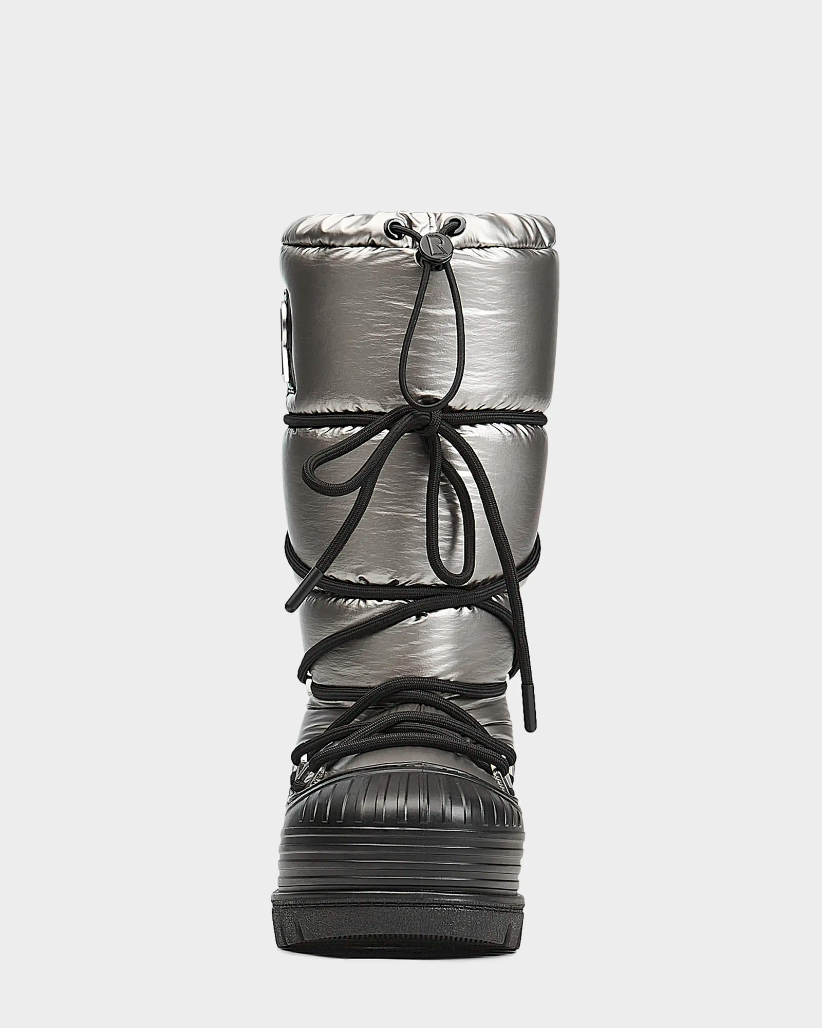 Front view of Rudsaks TISH - L223508 Pewter: a shiny metallic silver womens winter boot with black crisscross laces and a thick, textured platform sole.