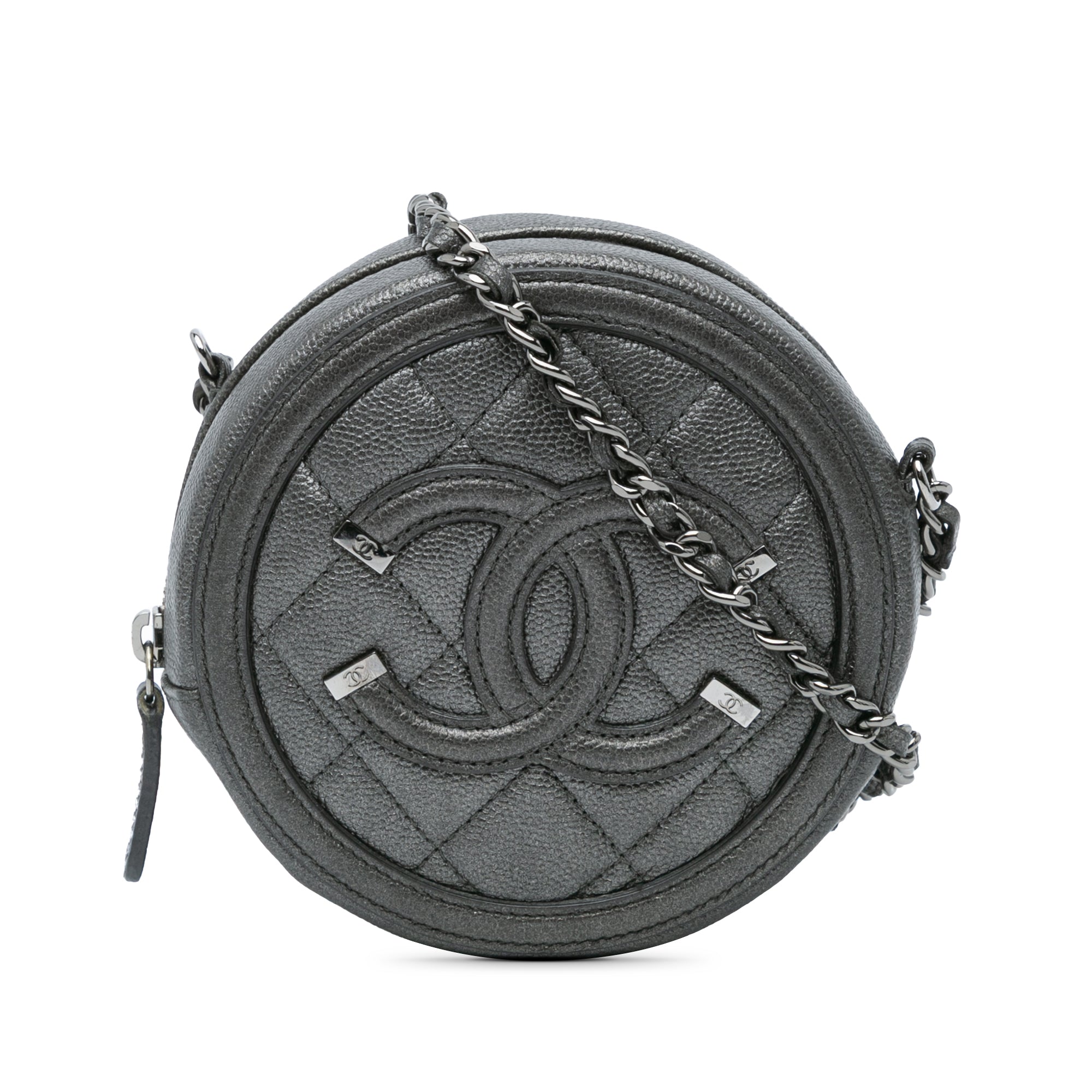 Chanel | Pre-Owned Metallic Caviar CC Filigree Round Clutch with Chain | Black